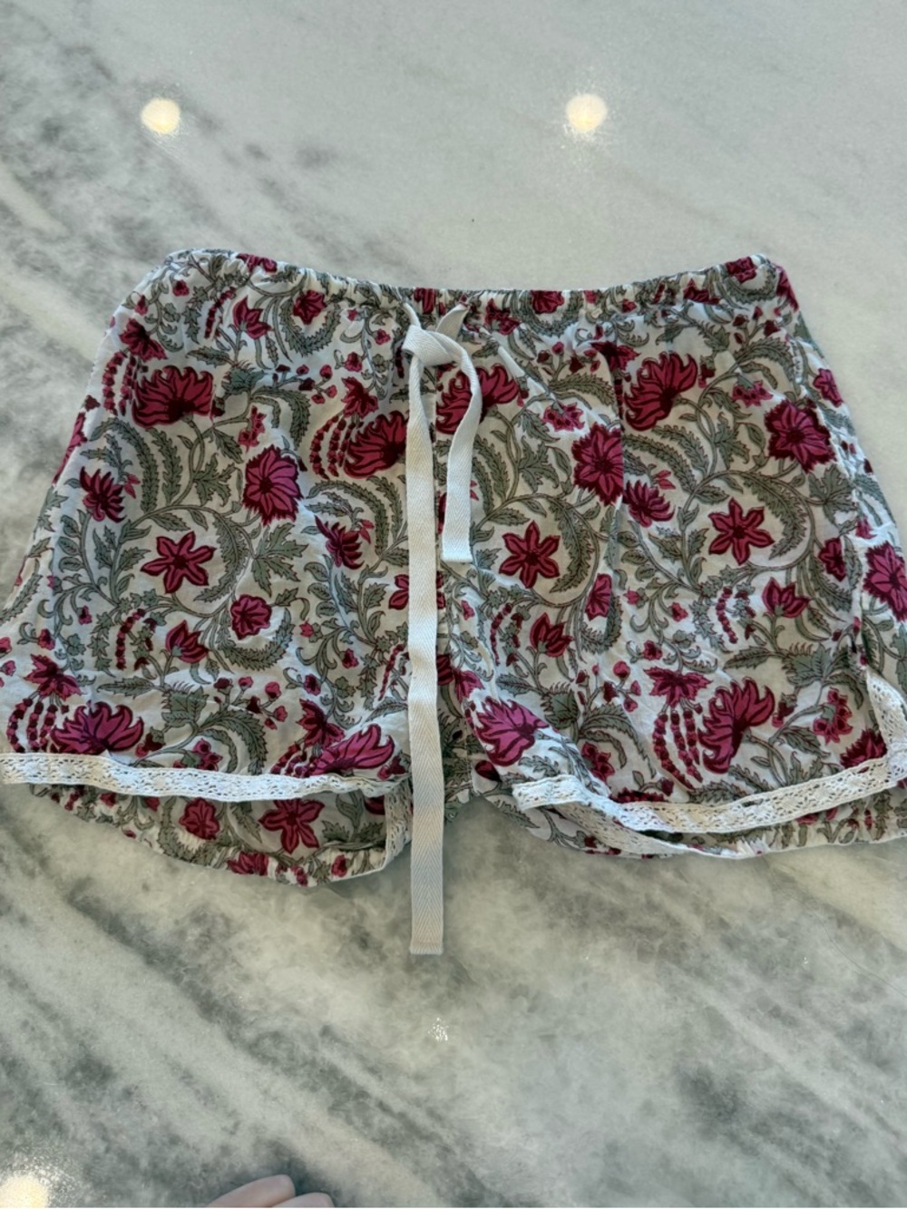 Floriana Hand Block Print Cotton Pajama Lounge Shorts Lace Trim Pink Green s